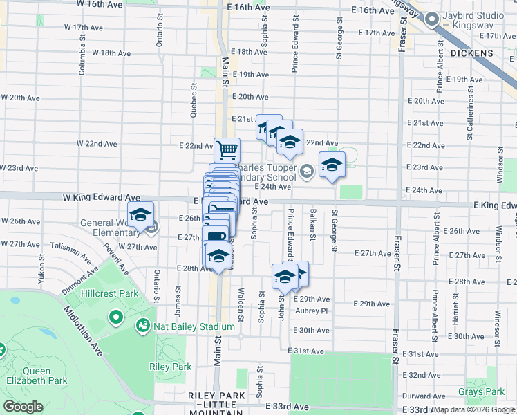 map of restaurants, bars, coffee shops, grocery stores, and more near 304 East King Edward Avenue in Vancouver
