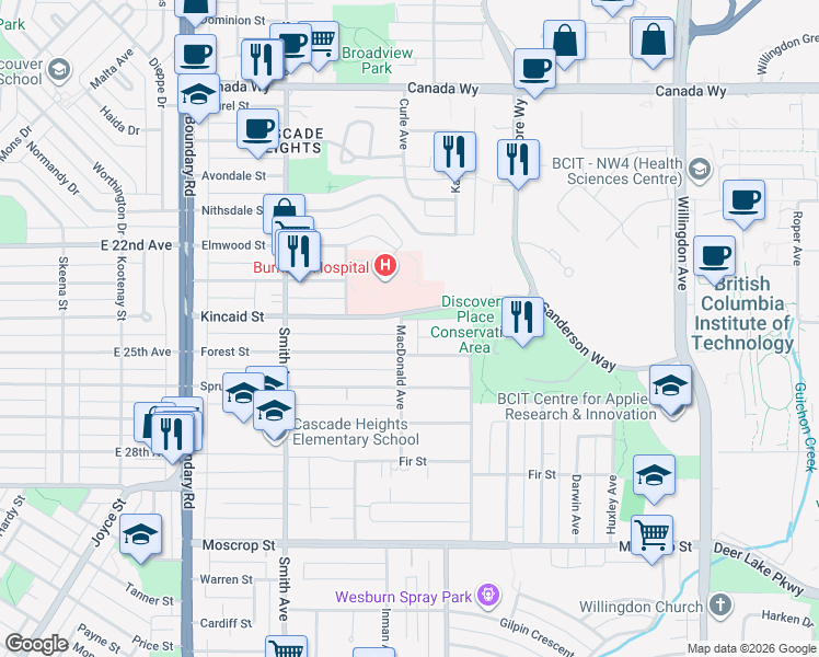 map of restaurants, bars, coffee shops, grocery stores, and more near 4012 Macdonald Avenue in Burnaby