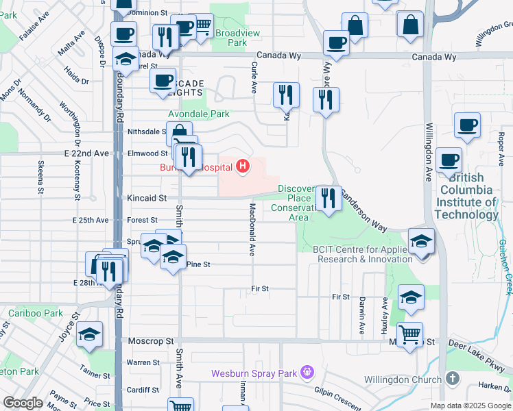 map of restaurants, bars, coffee shops, grocery stores, and more near 4012 Macdonald Avenue in Burnaby