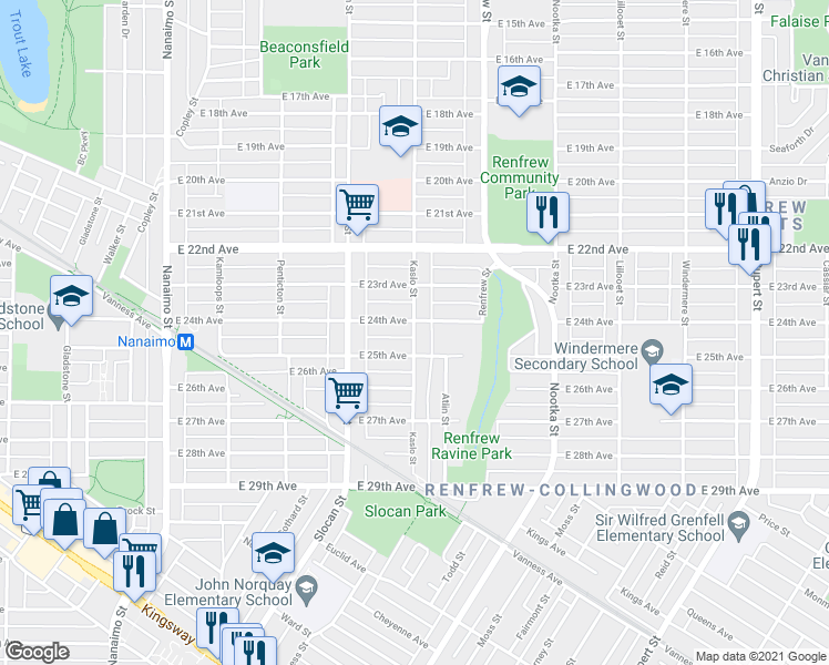 map of restaurants, bars, coffee shops, grocery stores, and more near 4030 Kaslo Street in Vancouver