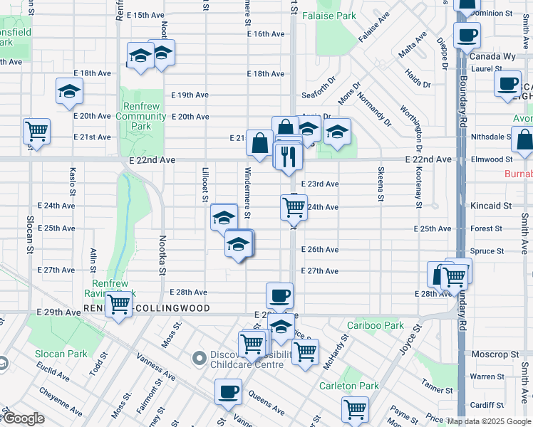 map of restaurants, bars, coffee shops, grocery stores, and more near 3260 East 24th Avenue in Vancouver