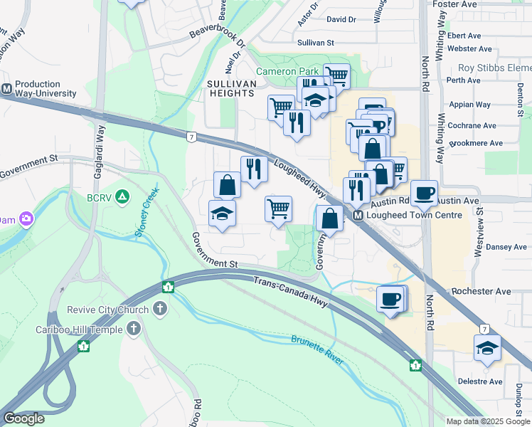 map of restaurants, bars, coffee shops, grocery stores, and more near 3921 Carrigan Court in Burnaby