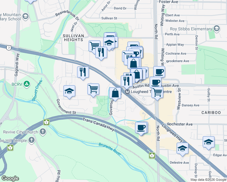 map of restaurants, bars, coffee shops, grocery stores, and more near 9482 Cardston Court in Burnaby