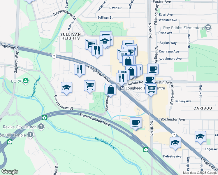 map of restaurants, bars, coffee shops, grocery stores, and more near 9521 Cardston Court in Vancouver