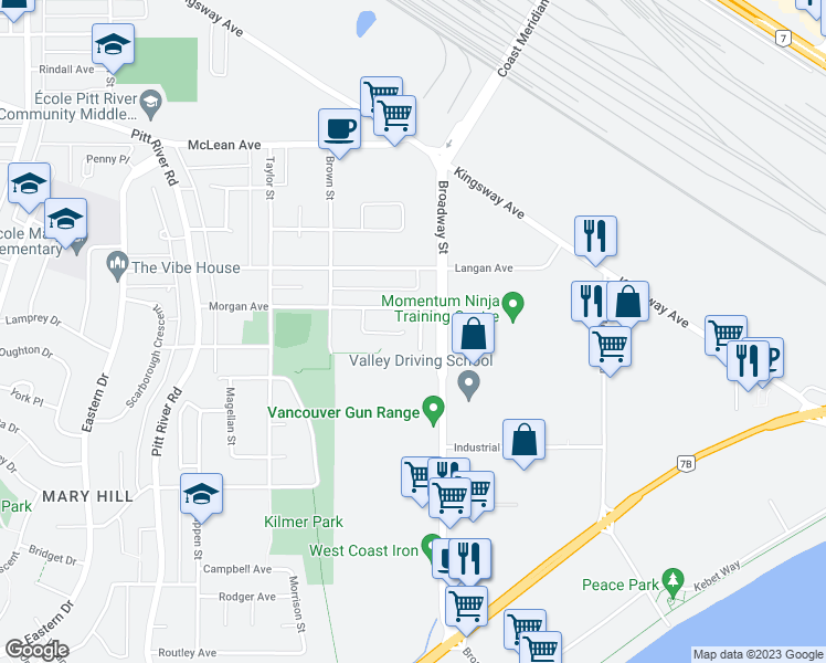 map of restaurants, bars, coffee shops, grocery stores, and more near 1728 Pekrul Place in Port Coquitlam