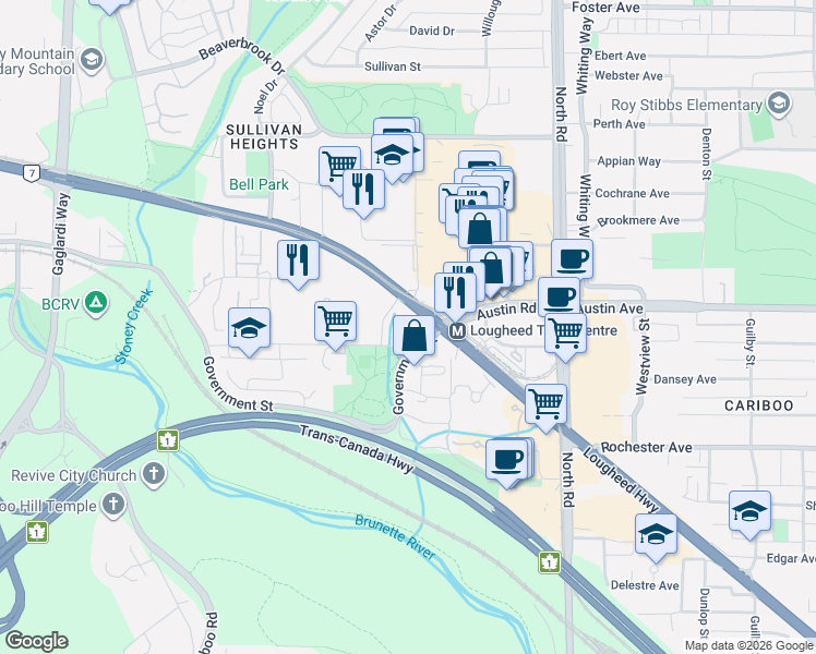 map of restaurants, bars, coffee shops, grocery stores, and more near 9521 Cardston Court in Vancouver