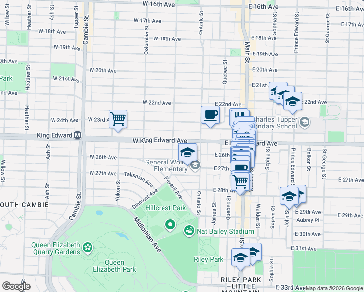map of restaurants, bars, coffee shops, grocery stores, and more near 94 West King Edward Avenue in Vancouver