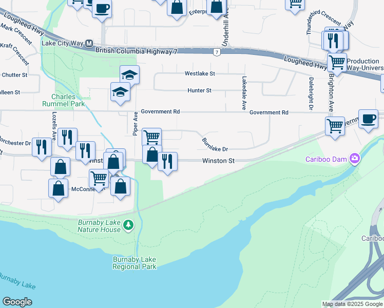 map of restaurants, bars, coffee shops, grocery stores, and more near 8038 Cloverlake Court in Burnaby