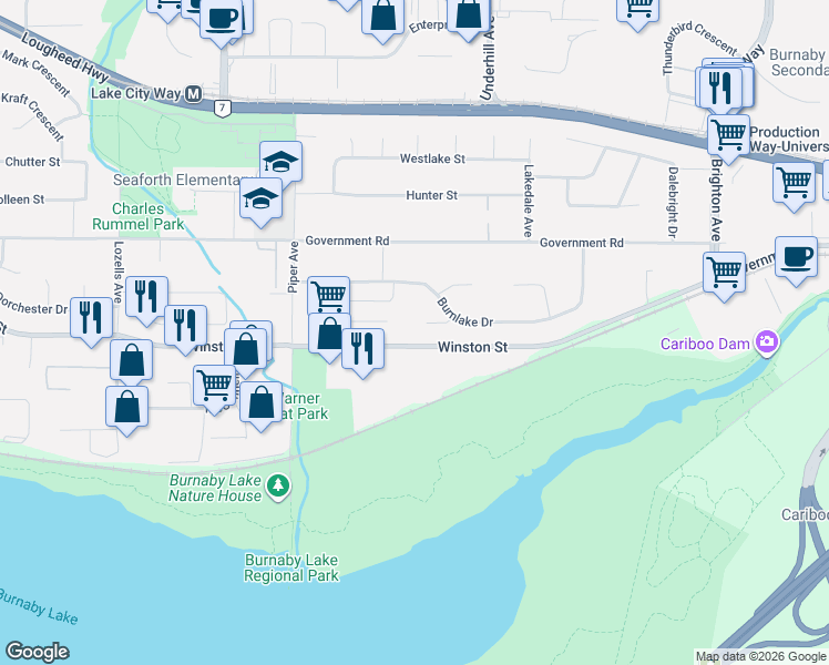 map of restaurants, bars, coffee shops, grocery stores, and more near 8038 Cloverlake Court in Burnaby