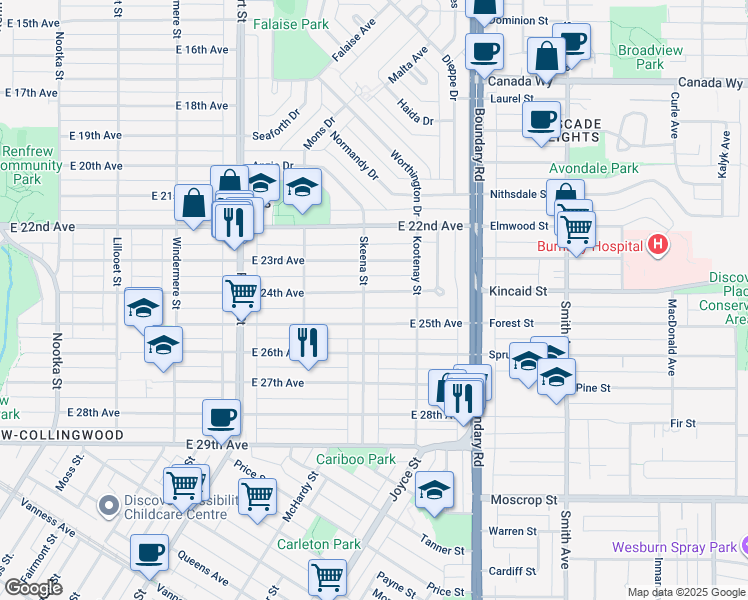 map of restaurants, bars, coffee shops, grocery stores, and more near 3520 East 24th Avenue in Vancouver