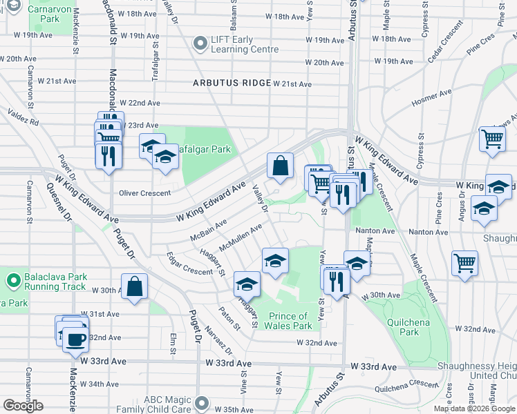 map of restaurants, bars, coffee shops, grocery stores, and more near 2328 McBain Avenue in Vancouver