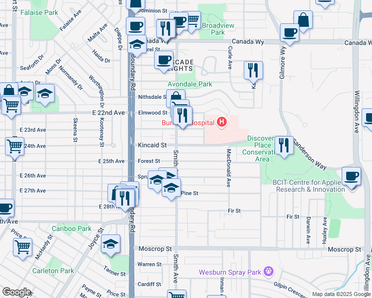 map of restaurants, bars, coffee shops, grocery stores, and more near 3832 Kincaid Street in Burnaby