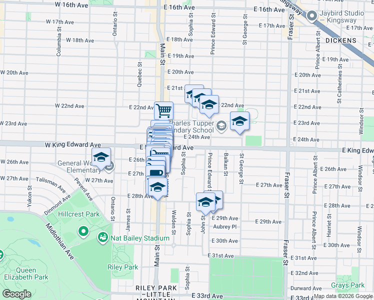 map of restaurants, bars, coffee shops, grocery stores, and more near 308 East King Edward Avenue in Vancouver