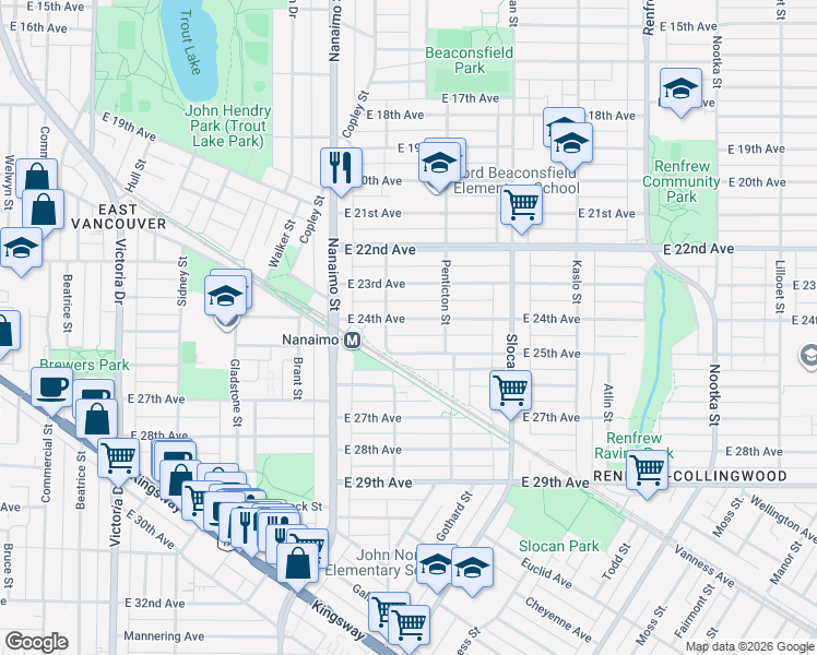 map of restaurants, bars, coffee shops, grocery stores, and more near 2540 East 24th Avenue in Vancouver