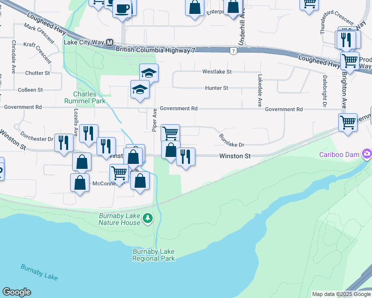 map of restaurants, bars, coffee shops, grocery stores, and more near 3869 Winlake Crescent in Burnaby