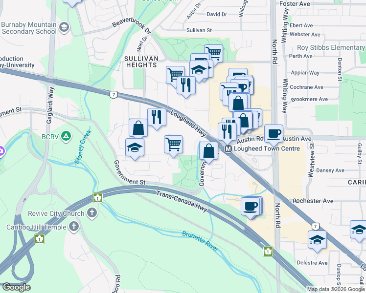 map of restaurants, bars, coffee shops, grocery stores, and more near in Burnaby