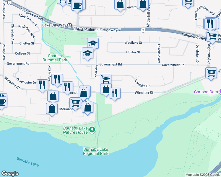 map of restaurants, bars, coffee shops, grocery stores, and more near 3857 Winlake Crescent in Burnaby