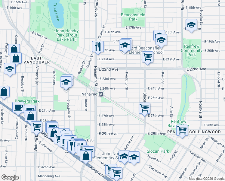 map of restaurants, bars, coffee shops, grocery stores, and more near 2514 East 24th Avenue in Vancouver