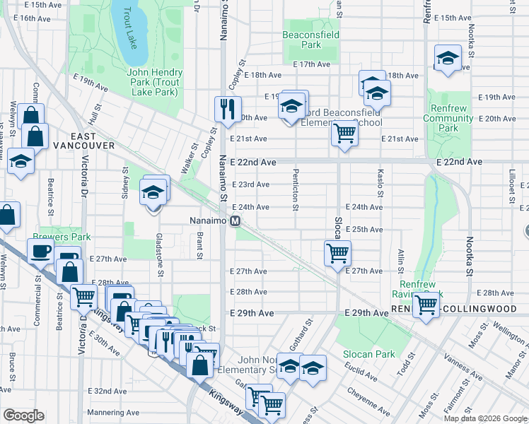 map of restaurants, bars, coffee shops, grocery stores, and more near 2520 East 24th Avenue in Vancouver