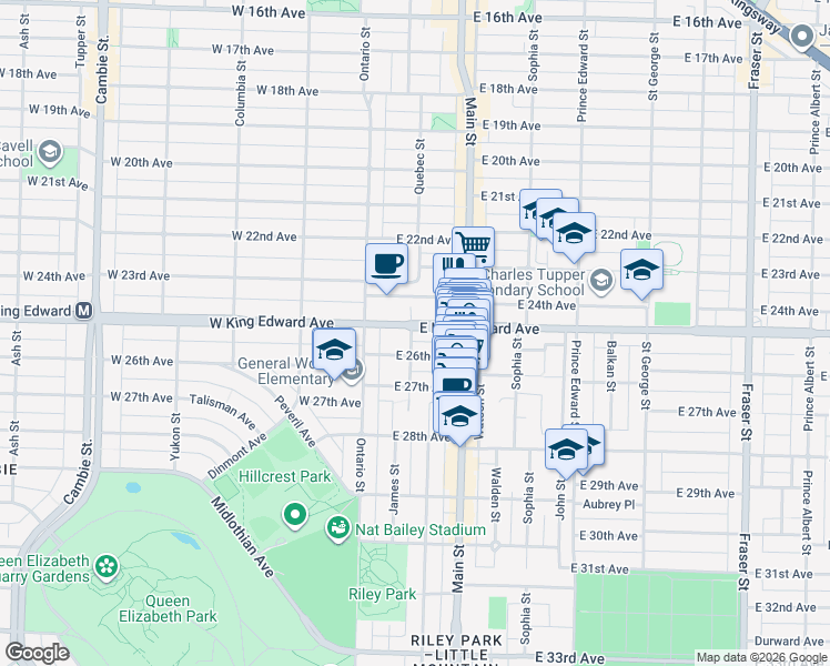 map of restaurants, bars, coffee shops, grocery stores, and more near 102 East King Edward Avenue in Vancouver