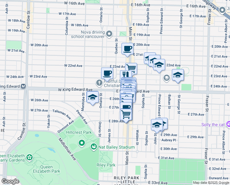 map of restaurants, bars, coffee shops, grocery stores, and more near 102 East King Edward Avenue in Vancouver