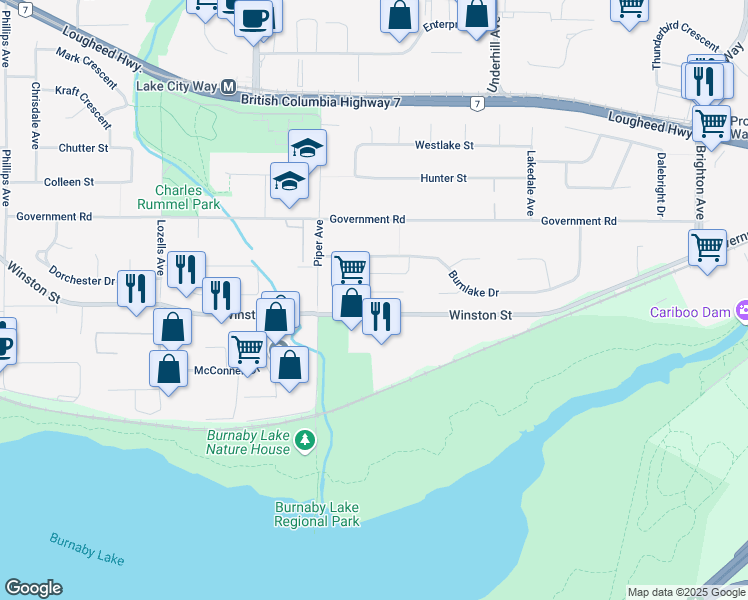 map of restaurants, bars, coffee shops, grocery stores, and more near 3863 Winlake Crescent in Burnaby