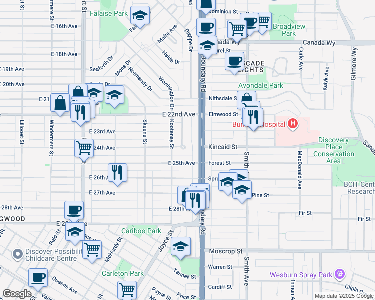 map of restaurants, bars, coffee shops, grocery stores, and more near 3692 East 24th Avenue in Vancouver