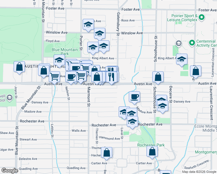map of restaurants, bars, coffee shops, grocery stores, and more near 1140 Austin Avenue in Coquitlam
