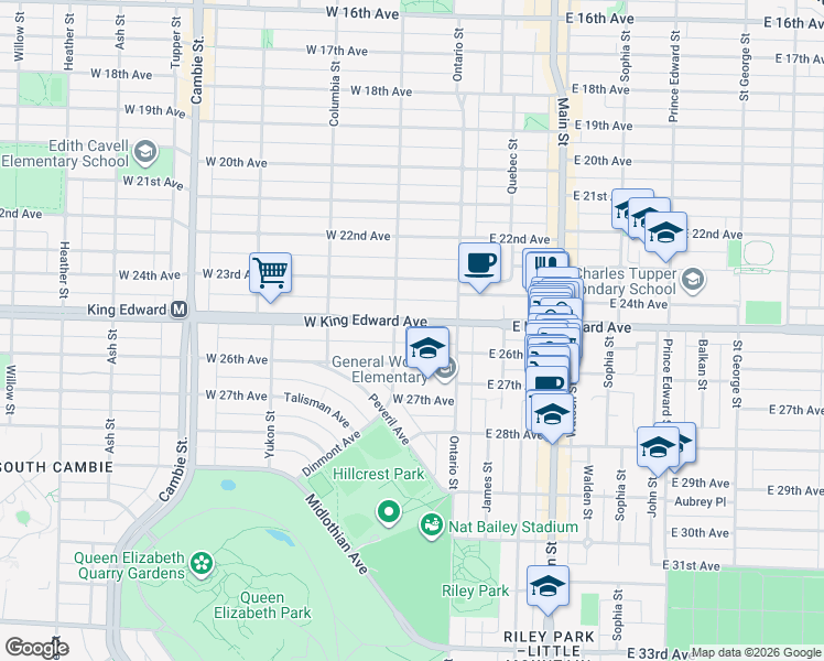 map of restaurants, bars, coffee shops, grocery stores, and more near 76 West King Edward Avenue in Vancouver