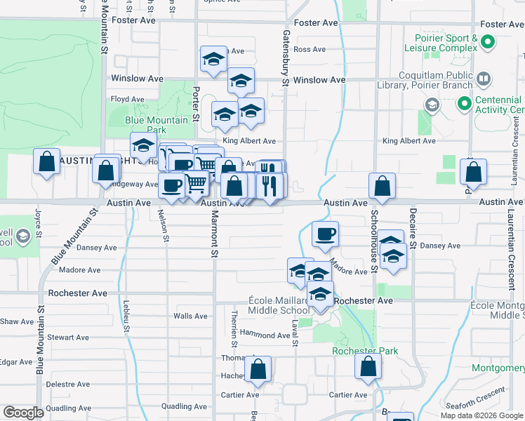 map of restaurants, bars, coffee shops, grocery stores, and more near 1140 Austin Avenue in Coquitlam