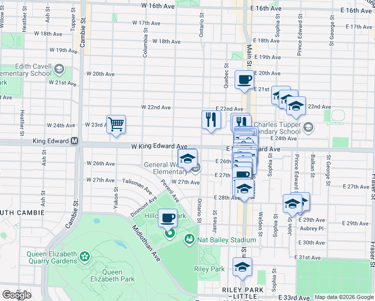 map of restaurants, bars, coffee shops, grocery stores, and more near 48 West King Edward Avenue in Vancouver