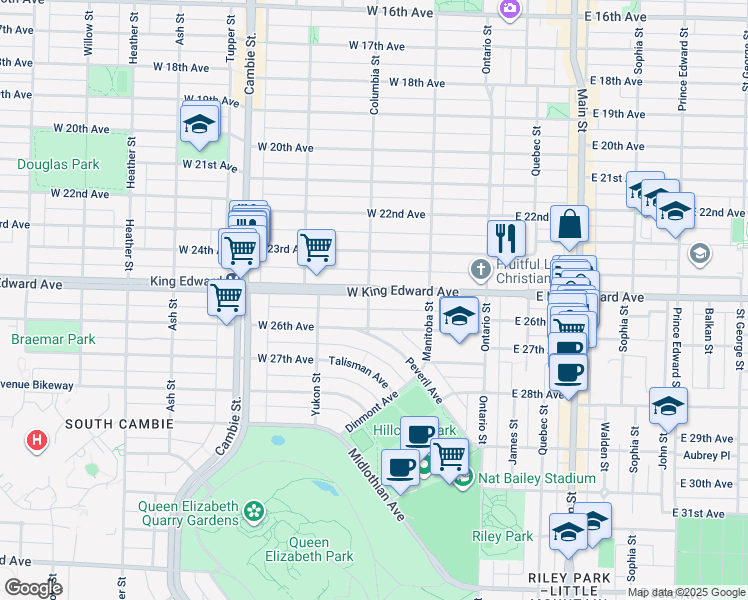 map of restaurants, bars, coffee shops, grocery stores, and more near 4120 Columbia Street in Vancouver