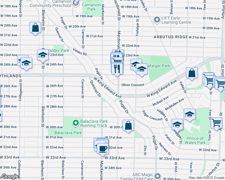 map of restaurants, bars, coffee shops, grocery stores, and more near 2863 West King Edward Avenue in Vancouver