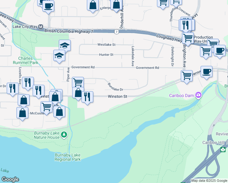 map of restaurants, bars, coffee shops, grocery stores, and more near 8120 Burnlake Drive in Burnaby