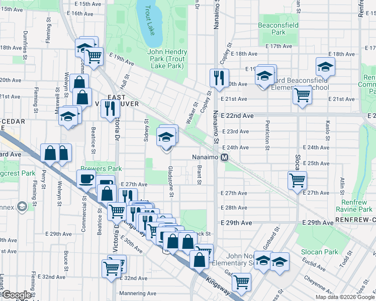 map of restaurants, bars, coffee shops, grocery stores, and more near 2254 East 24th Avenue in Vancouver