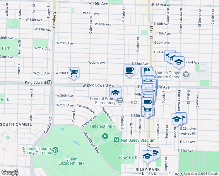 map of restaurants, bars, coffee shops, grocery stores, and more near 90 West King Edward Avenue in Vancouver
