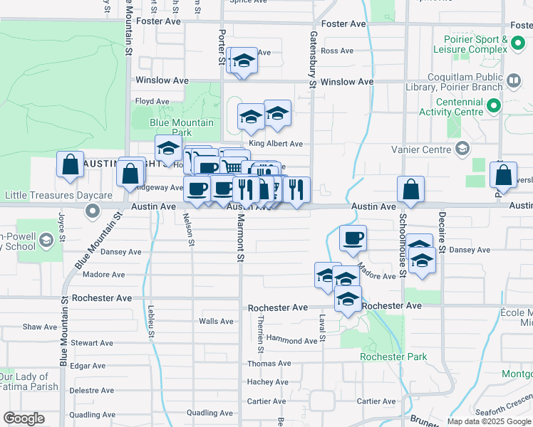 map of restaurants, bars, coffee shops, grocery stores, and more near 1116 Charland Avenue in Coquitlam