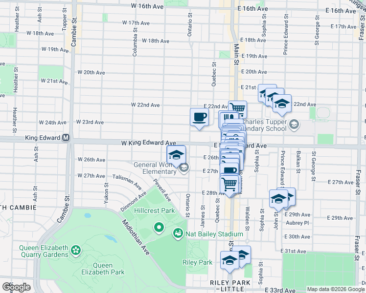 map of restaurants, bars, coffee shops, grocery stores, and more near 28 West King Edward Avenue in Vancouver
