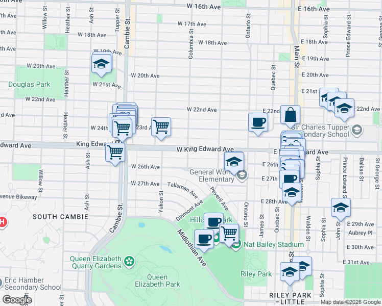 map of restaurants, bars, coffee shops, grocery stores, and more near in Vancouver