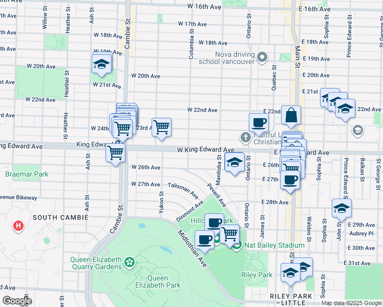 map of restaurants, bars, coffee shops, grocery stores, and more near 4110 Columbia Street in Vancouver