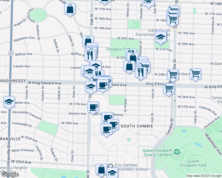 map of restaurants, bars, coffee shops, grocery stores, and more near 4128 Laurel Street in Vancouver
