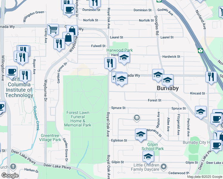 map of restaurants, bars, coffee shops, grocery stores, and more near 5225 Kincaid Street in Burnaby