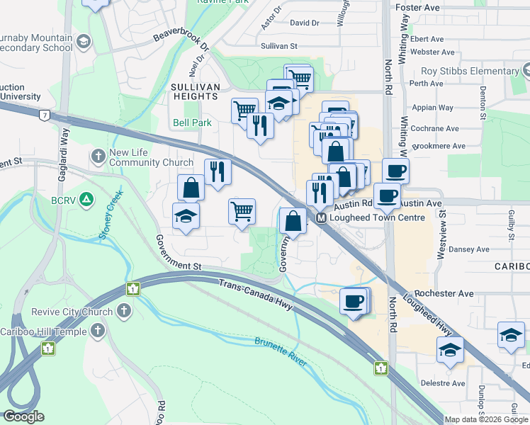 map of restaurants, bars, coffee shops, grocery stores, and more near 3980 Carrigan Court in Burnaby