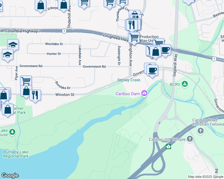map of restaurants, bars, coffee shops, grocery stores, and more near 6741 Cariboo Rd in Burnaby