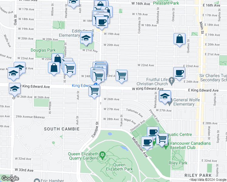 map of restaurants, bars, coffee shops, grocery stores, and more near 438 West King Edward Avenue in Vancouver