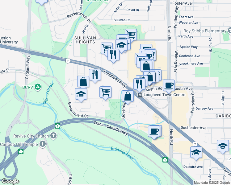 map of restaurants, bars, coffee shops, grocery stores, and more near 3980 Carrigan Court in Burnaby