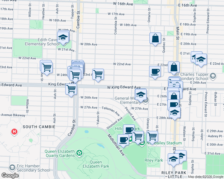 map of restaurants, bars, coffee shops, grocery stores, and more near 208 West King Edward Avenue in Vancouver