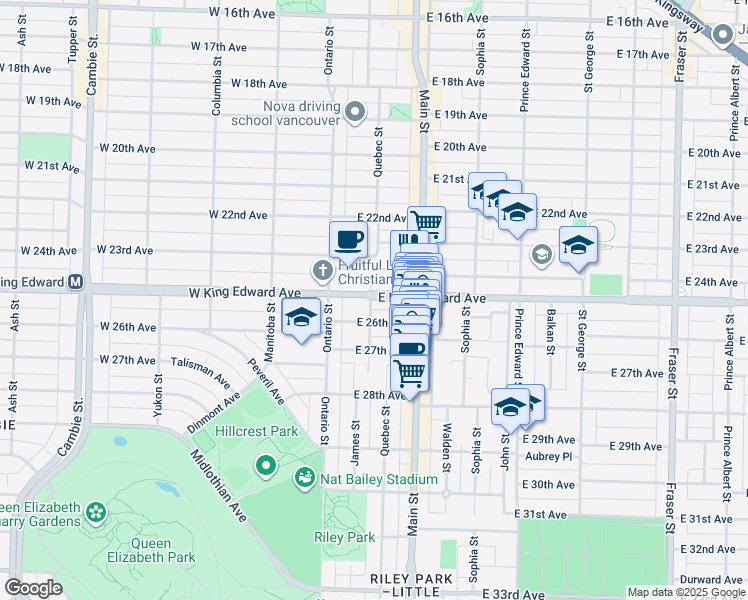 map of restaurants, bars, coffee shops, grocery stores, and more near 100 East King Edward Avenue in Vancouver