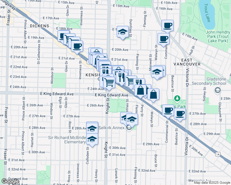 map of restaurants, bars, coffee shops, grocery stores, and more near 4028 Knight Street in Vancouver