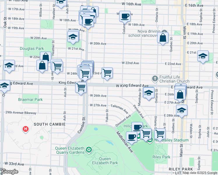 map of restaurants, bars, coffee shops, grocery stores, and more near 4118 Yukon Street in Vancouver